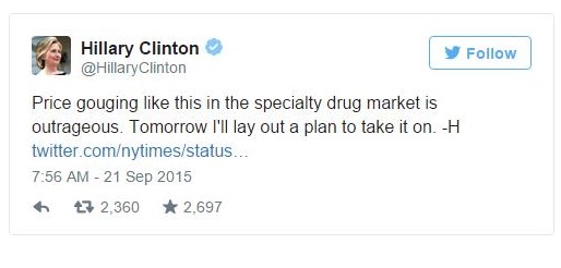 Democratic presidential candidate Hillary Clinton tweeting about reigning in drug prices